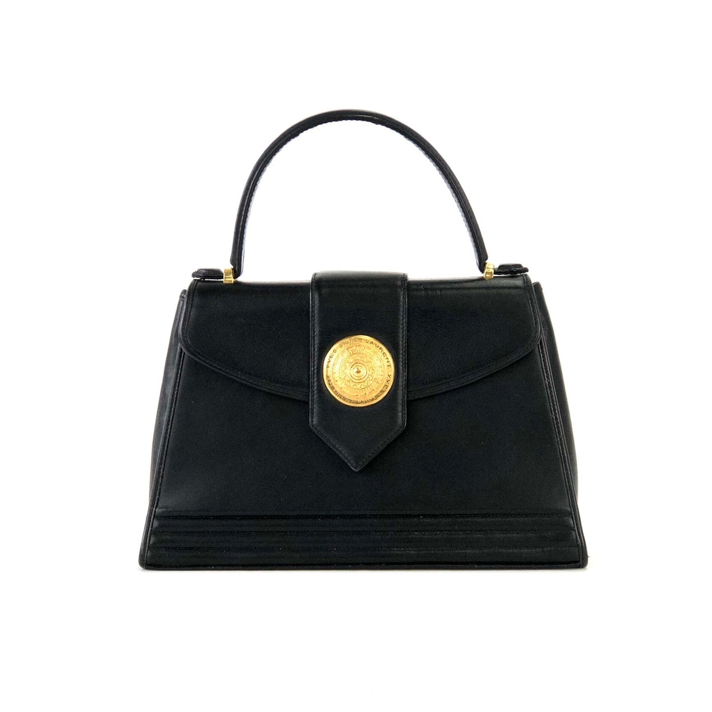Yves Saint Laurent medal motif leather kelly type handbag black vintage old jkxaba