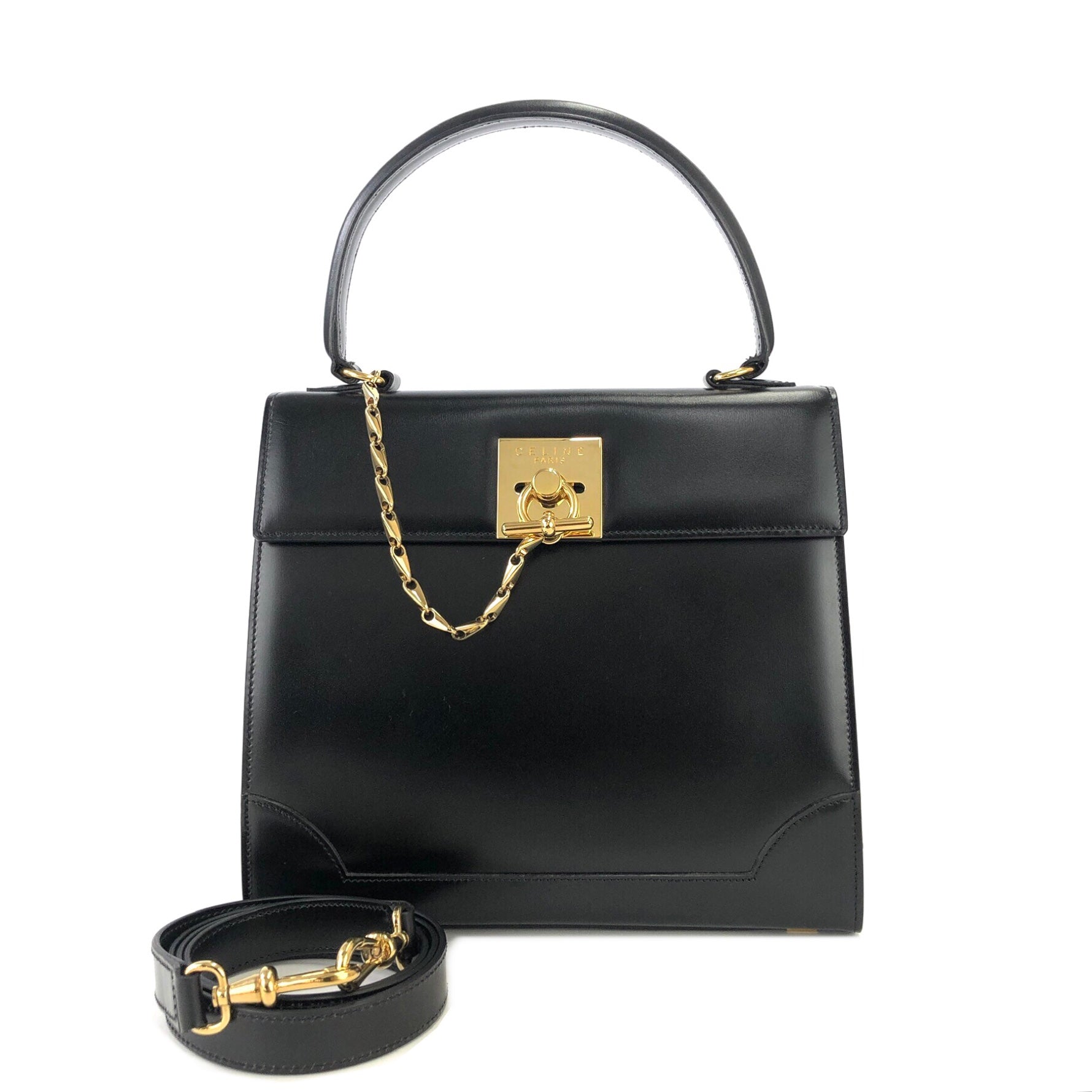 CELINE Mantel Chain Gancini Handbag Crossbody Shoulder bag Black