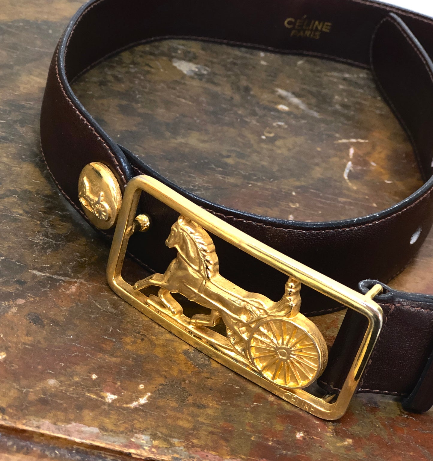 CELINE Horse carriage Leather Belt Brown Vintage Old Celine rugyxn