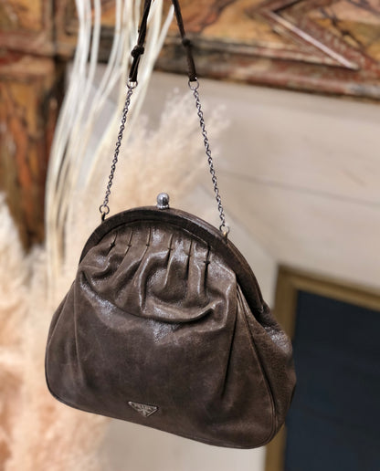 PRADA 皮革鏈條派對包手提包迷你包棕色復古舊款 37czyb