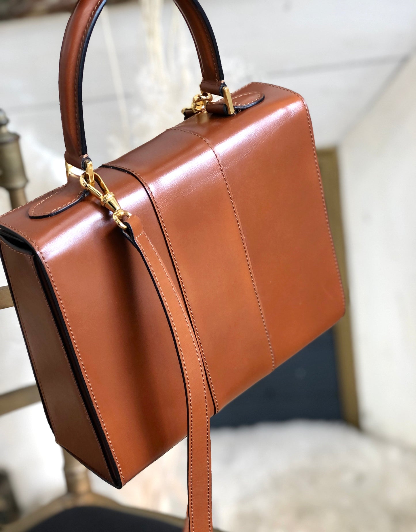 CELINE Gancini Box Handbag Crossbody Shoulder bag Brown Vintage Old Celine s48cfp