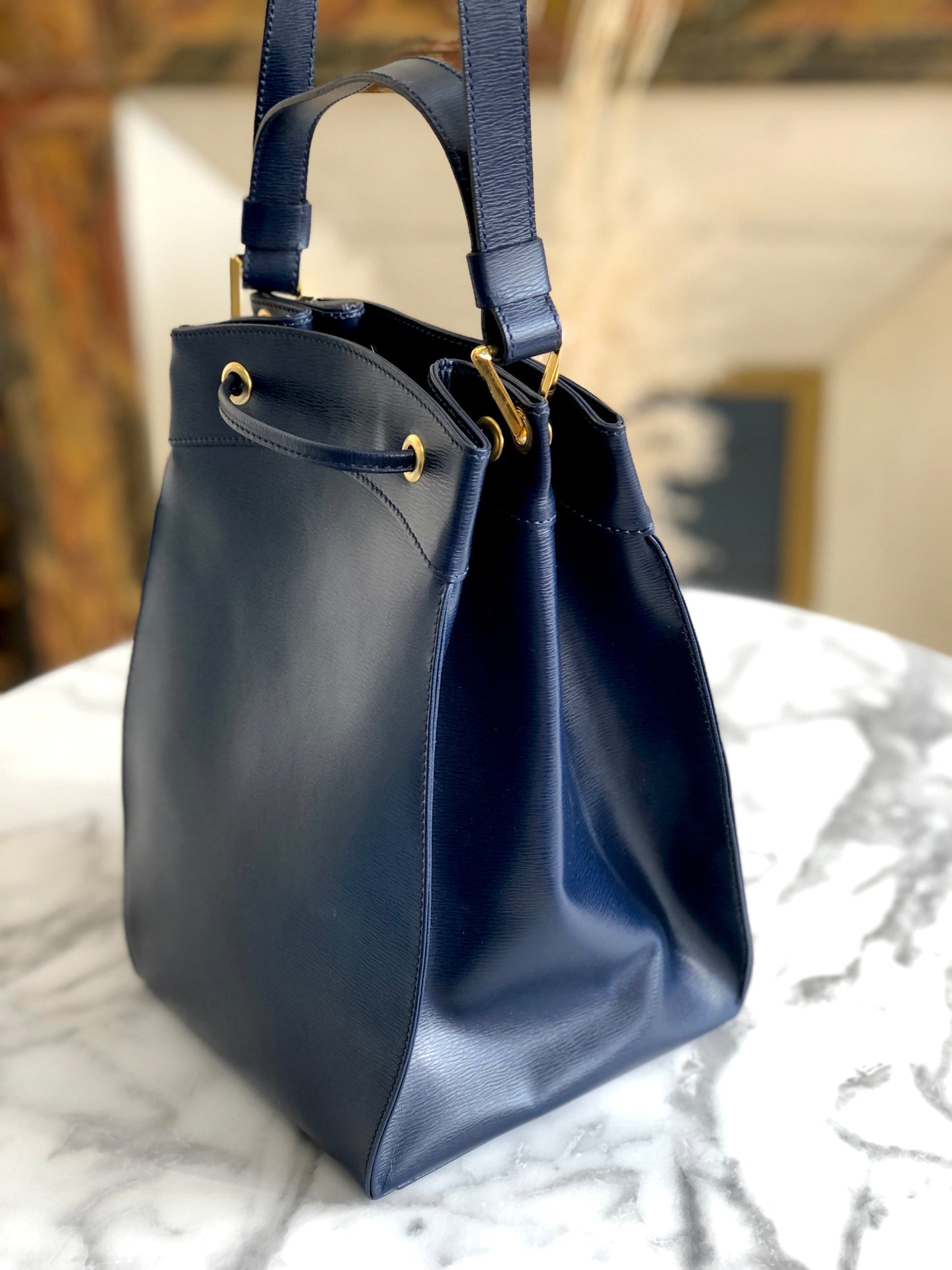 Christian Dior Drawstring Shoulder bag Handbag Navy Vintage Old u87py4