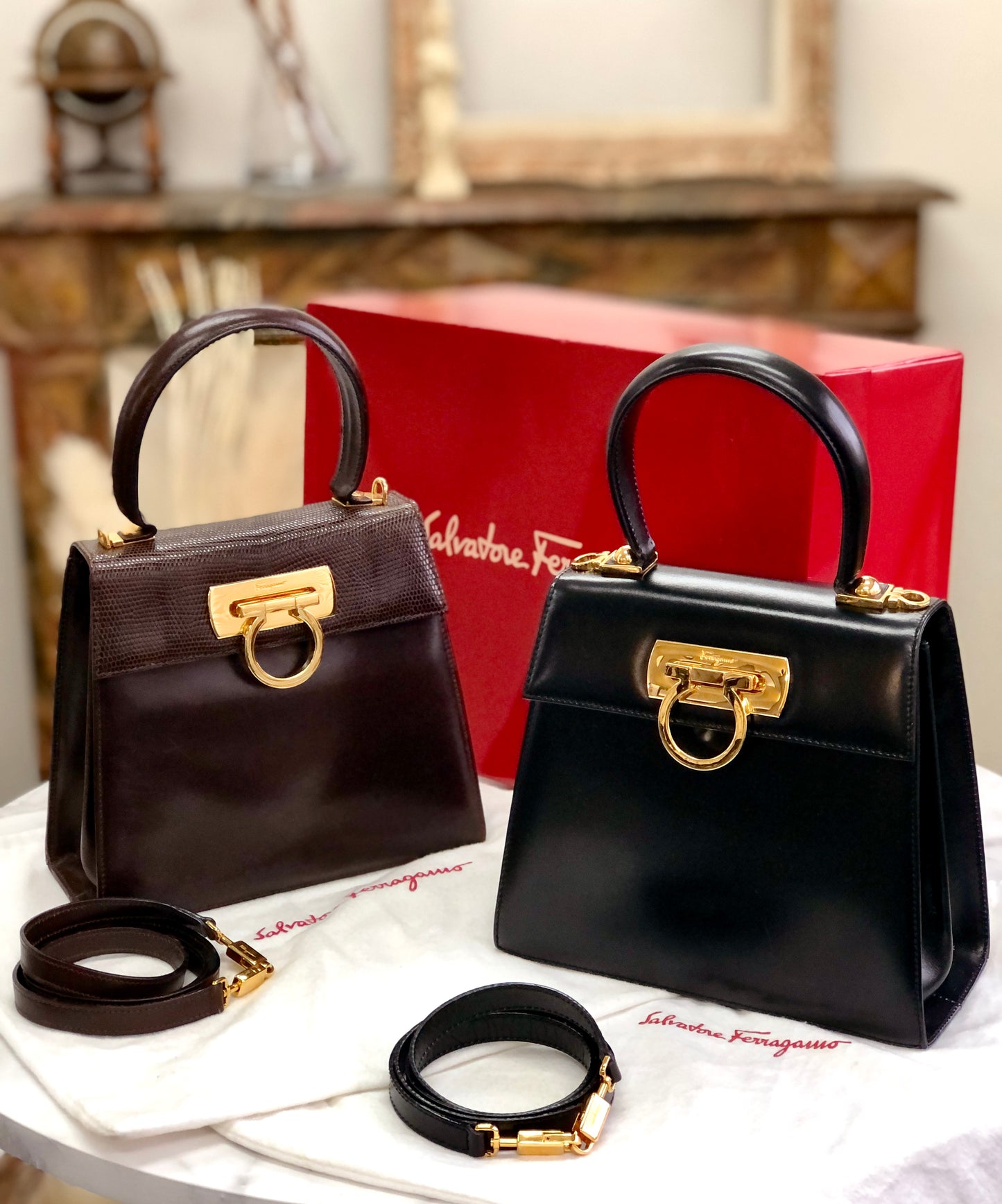 Salvatore Ferragamo Gancini 2Way Top handle Handbag Shoulder bag Black Vintage Old 5bnsnc