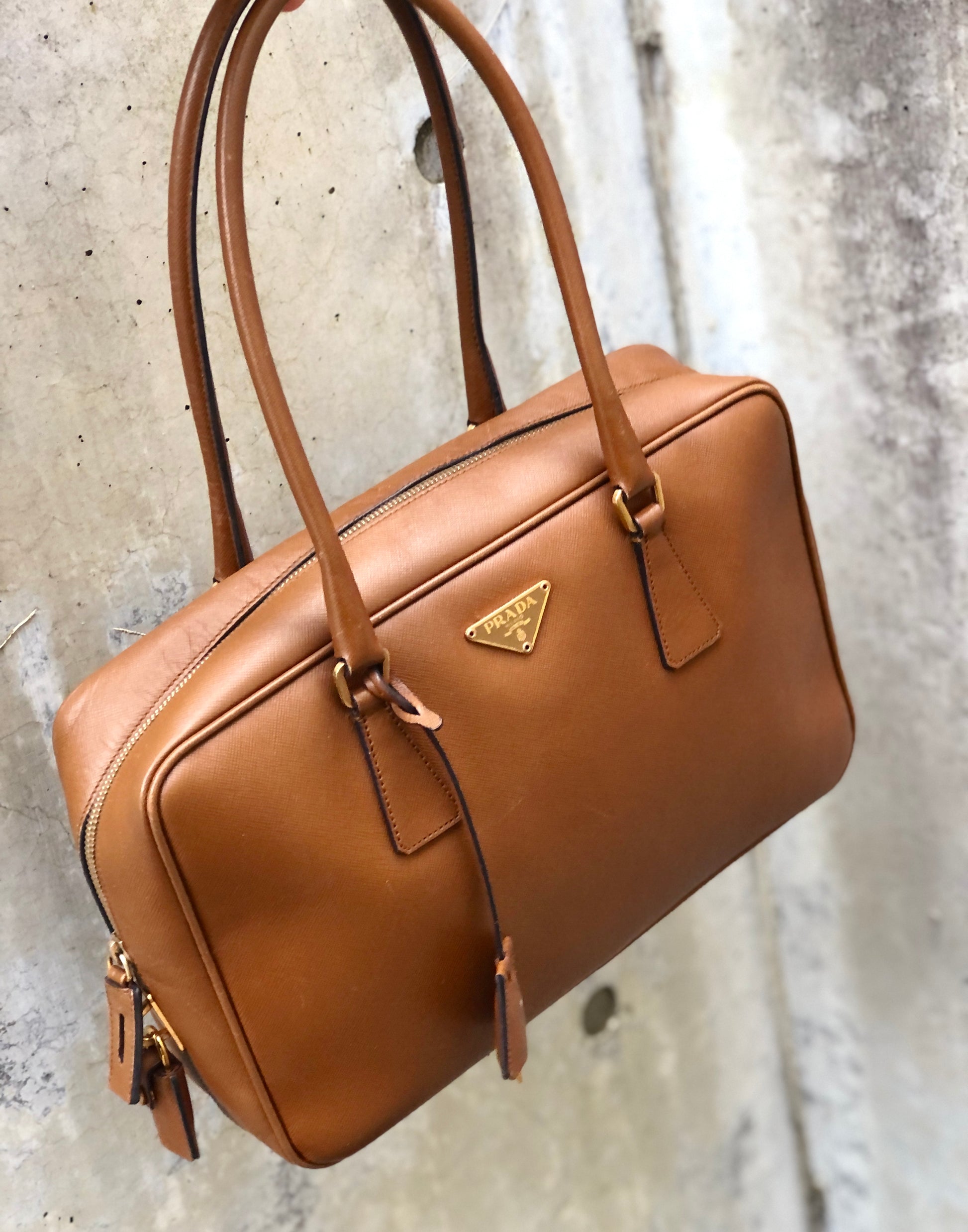 PRADA Traveling Bag Handbag Mini Logo Zipper BL0095 Saffiano Leather Beige  Women