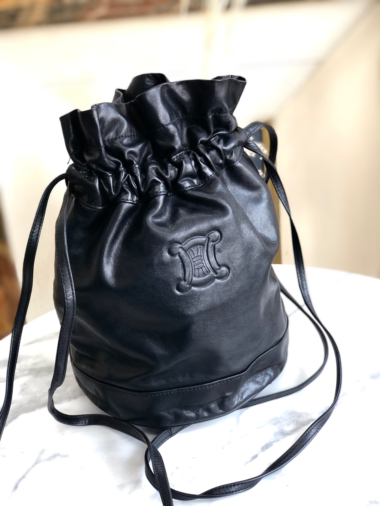 CELINE Blason Triomphe Drawstring Shoulder bag Black Vintage Old Celine jfgvrp