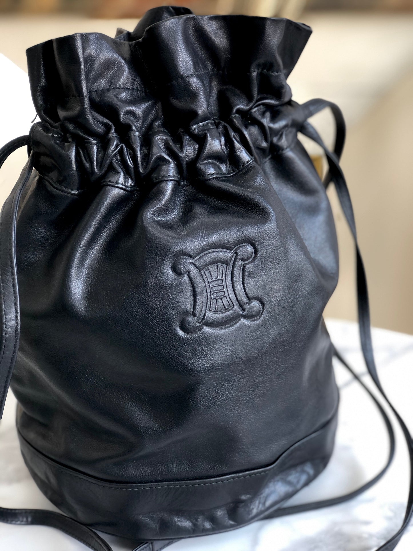 CELINE Blason Triomphe Drawstring Shoulder bag Black Vintage Old Celine jfgvrp