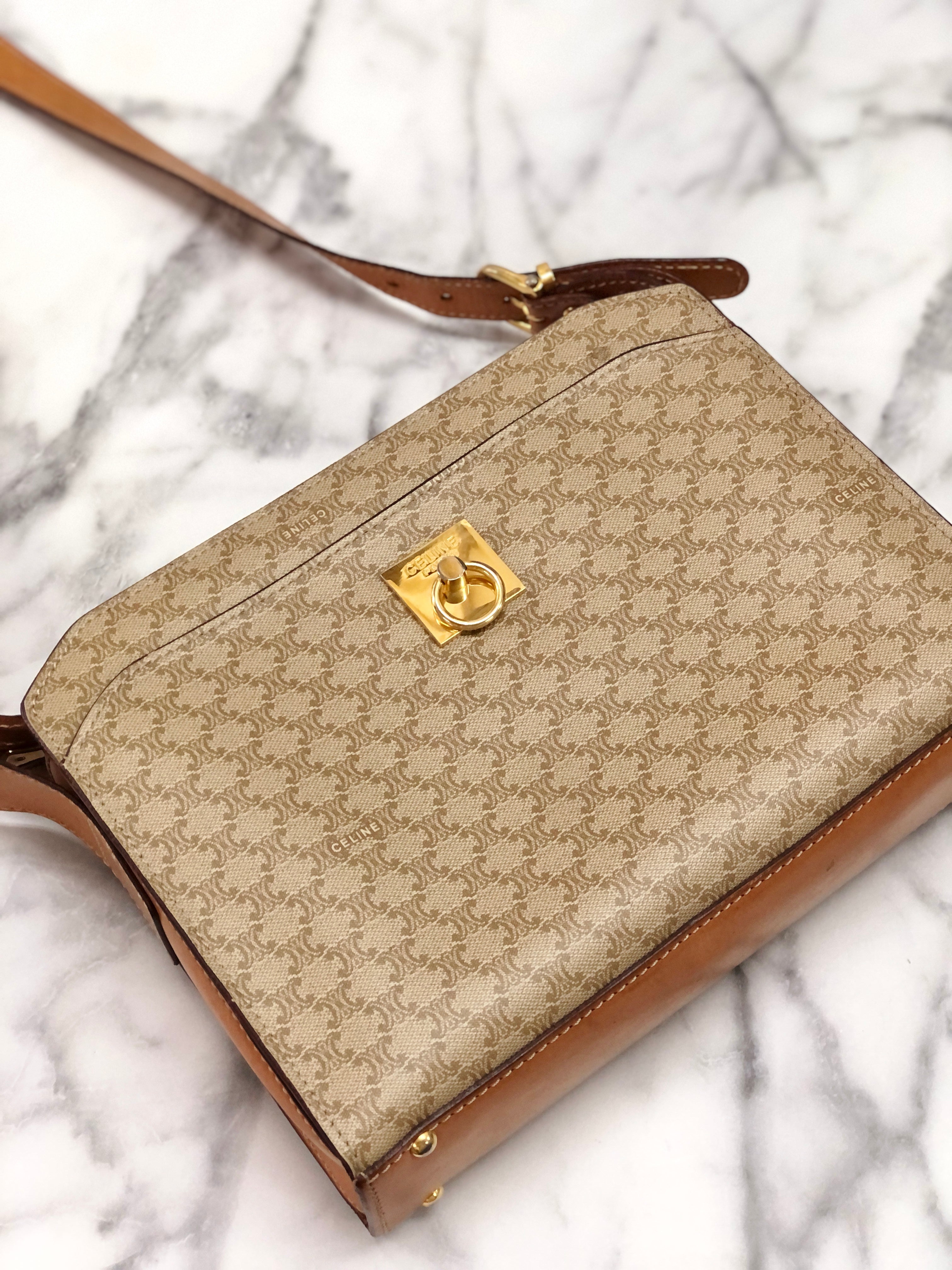 アンティーク雑貨 MM37 CELINE Macadam Mantel PVC Leather Shoulder Bag Beige Old Celine