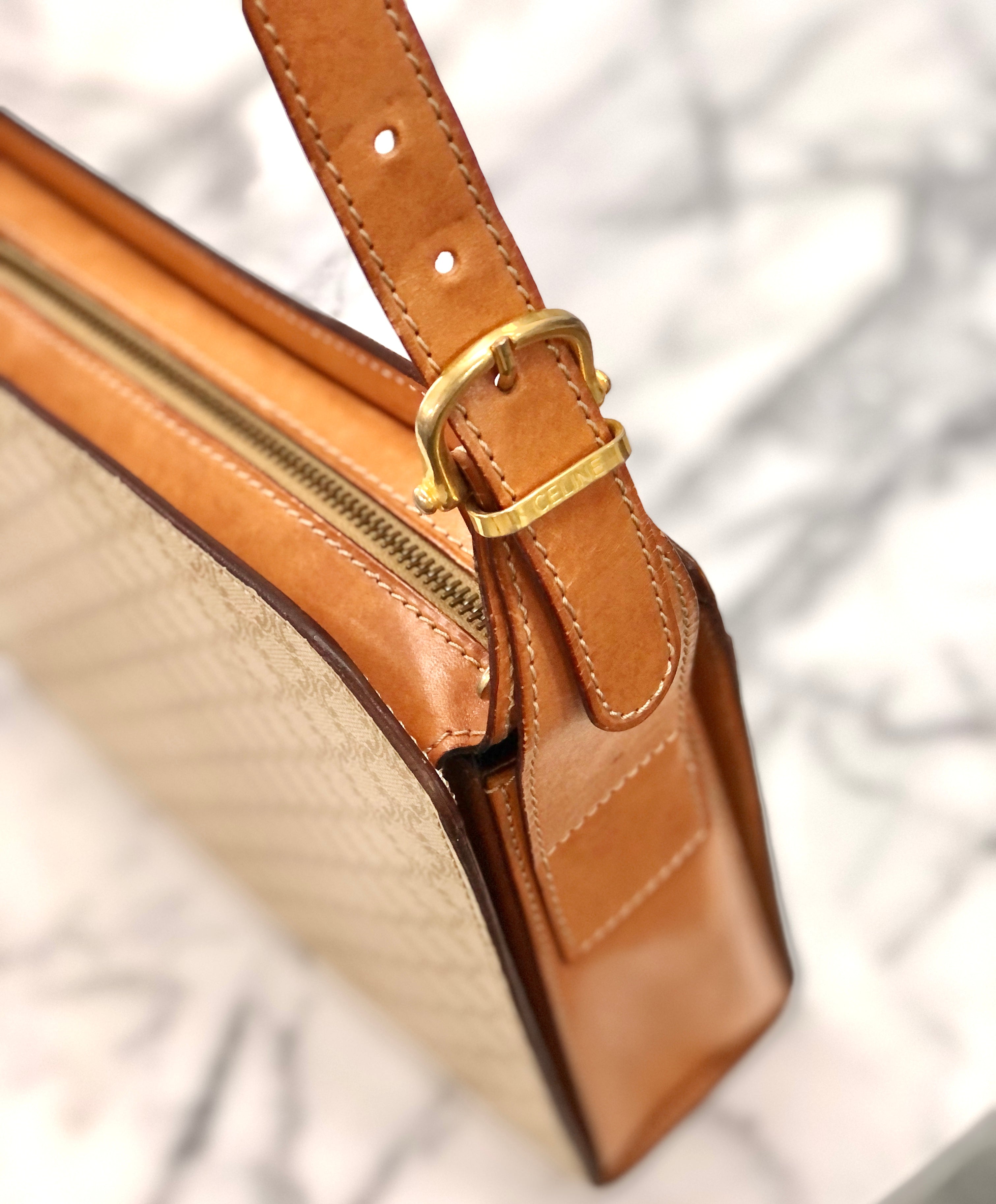 CELINE Macadam Mantel PVC Leather Shoulder Bag Beige Old Celine