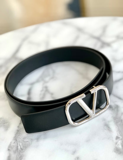 VALENTINO GARAVANI VLogo Signature Leather Belt Black Vintage Old jku7pd