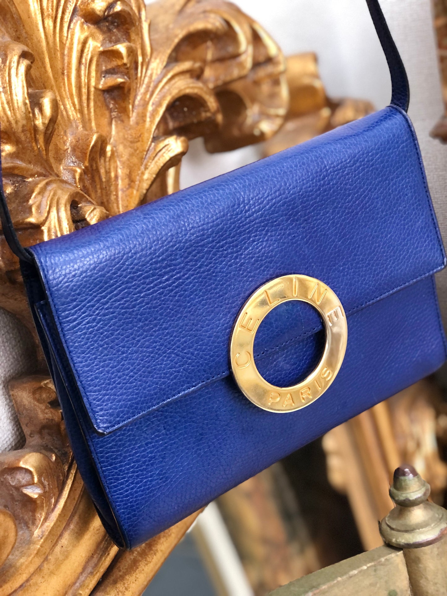 CELINE Circle logo Leather Shoulder bag Clutch bag Blue Vintage Old Celine tr5xkf