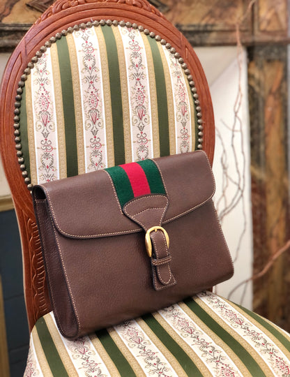 GUCCI Sherry Line Front Belt Leather Clutch Bag Brown Green Vintage Old Gucci eprxvx