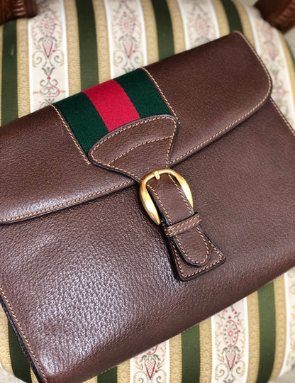 GUCCI Sherry Line Front Belt Leather Clutch Bag Brown Green Vintage Old Gucci eprxvx