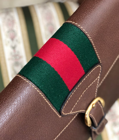 GUCCI Sherry Line Front Belt Leather Clutch Bag Brown Green Vintage Old Gucci eprxvx