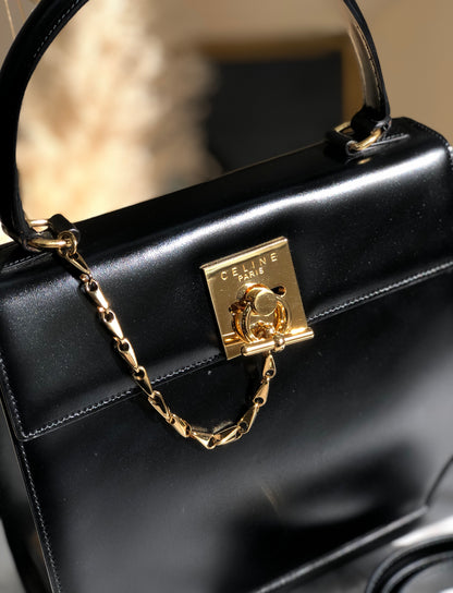 CELINE Mantel Chain Gancini Handbag Crossbody Shoulder bag Black Vintage Old Celine v4rchb