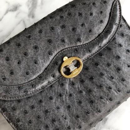 CELINE Blason Triomphe Ostrich Two way Chain Shoulder Bag Clutch bag Gray Old Celine Vintage vybyhv