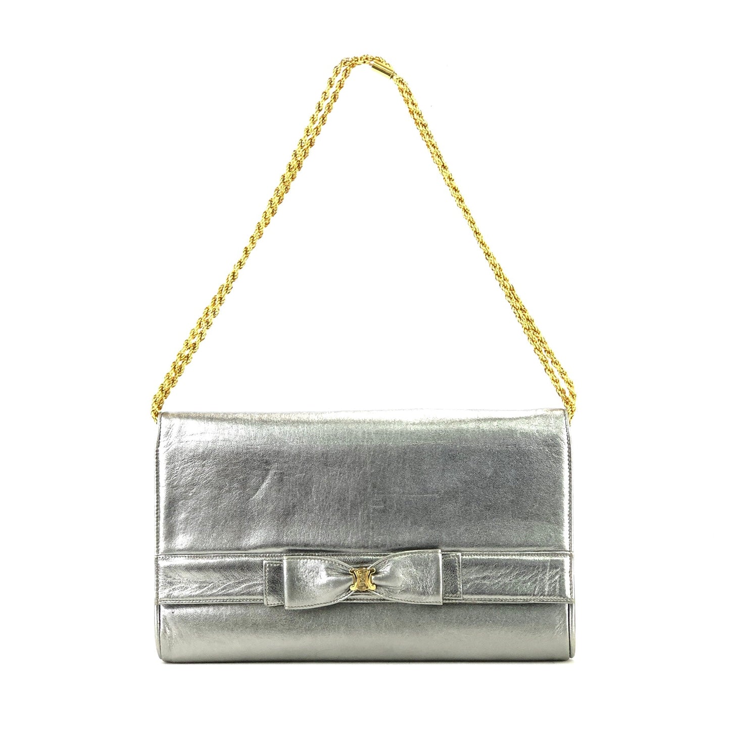 CELINE Triomphe Rhinestone Chain Leather Shoulder bag Silver Old CELINE Vintage wnx7c8