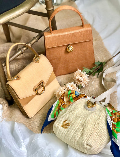 LOEWE Logo Scarf Leather Raffia Braided Shoulder bag Gray Ivory Vintage Old ser735