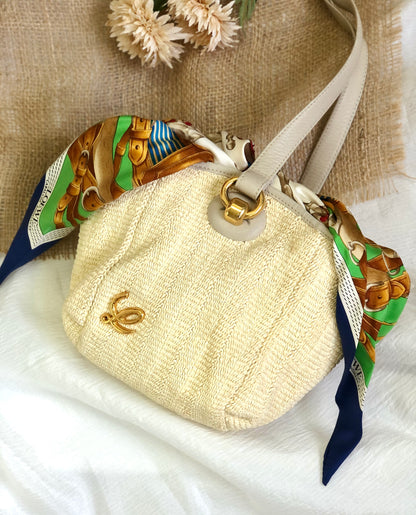 LOEWE Logo Scarf Leather Raffia Braided Shoulder bag Gray Ivory Vintage Old ser735