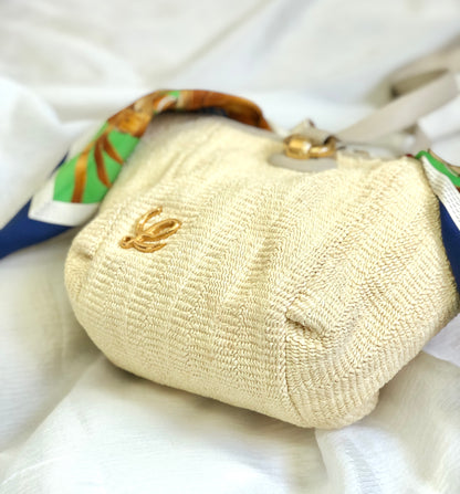 LOEWE Logo Scarf Leather Raffia Braided Shoulder bag Gray Ivory Vintage Old ser735