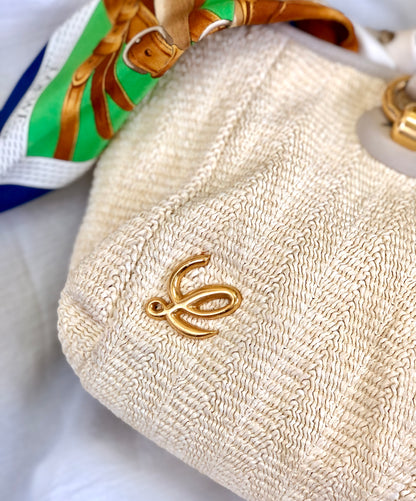 LOEWE Logo Scarf Leather Raffia Braided Shoulder bag Gray Ivory Vintage Old ser735