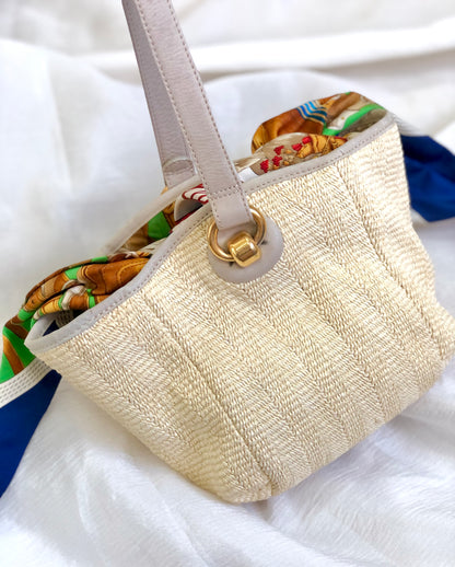 LOEWE Logo Scarf Leather Raffia Braided Shoulder bag Gray Ivory Vintage Old ser735