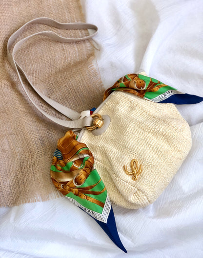 LOEWE Logo Scarf Leather Raffia Braided Shoulder bag Gray Ivory Vintage Old ser735