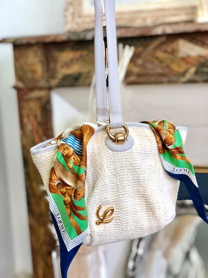 LOEWE Logo Scarf Leather Raffia Braided Shoulder bag Gray Ivory Vintage Old ser735