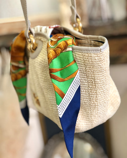 LOEWE Logo Scarf Leather Raffia Braided Shoulder bag Gray Ivory Vintage Old ser735