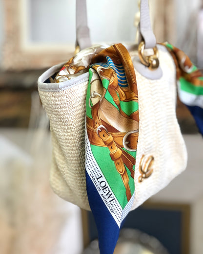 LOEWE Logo Scarf Leather Raffia Braided Shoulder bag Gray Ivory Vintage Old ser735