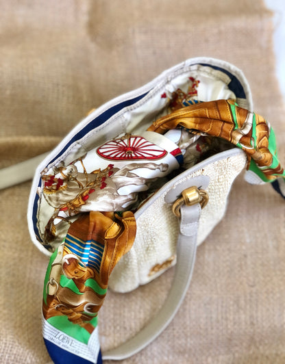 LOEWE Logo Scarf Leather Raffia Braided Shoulder bag Gray Ivory Vintage Old ser735