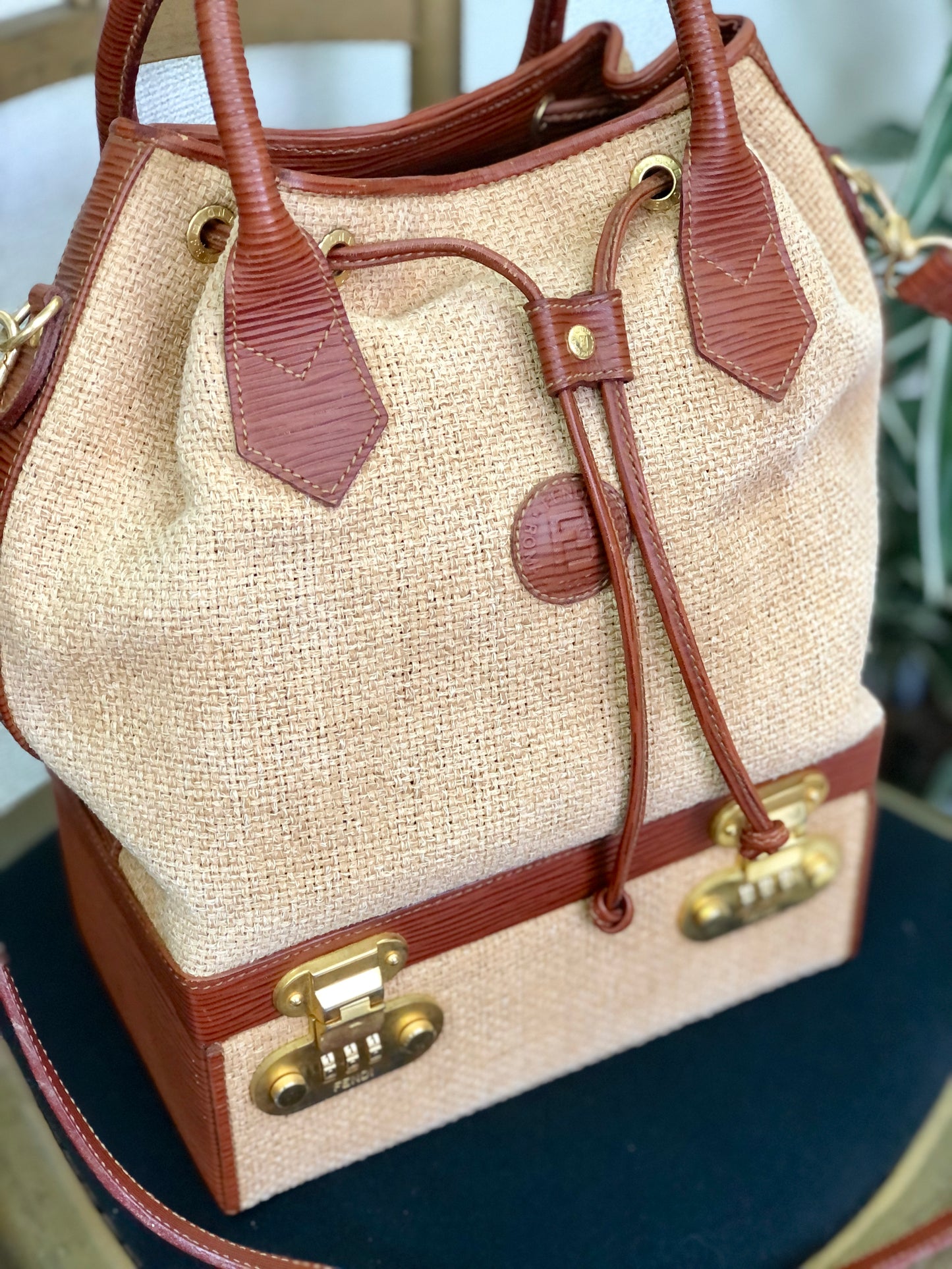 Fendi Logo Pecan Pattern Linen Vanity 2way Basket bag Handbag Shoulder bag Vintage Old 4n2k5b
