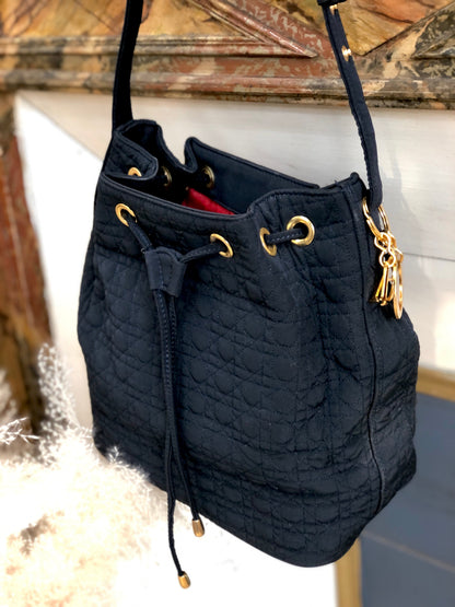 Christian Dior Cannage Charm Nylon Drawstring Shoulderbag Dark navy Vintage Old czvhv4