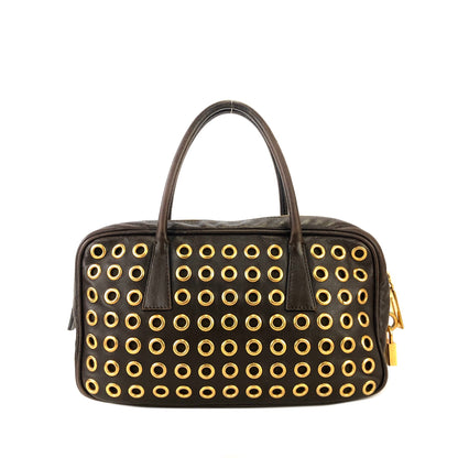 PRADA Triangle logo Eyelet Boston bag Handbag Brown Vintage Old wmdn7p