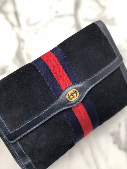 GUCCI GG logo Sherry line Suede Clutch bag Navy Vintage Old Gucci hdkcg3