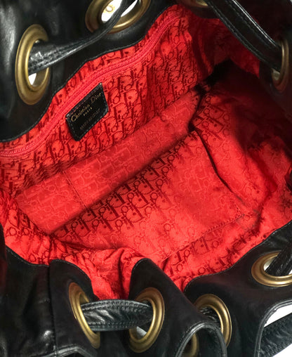 Christian Dior Cannage Lady dior D Charm Drawstring Shoulder bag  Black Vintage Old eh247e