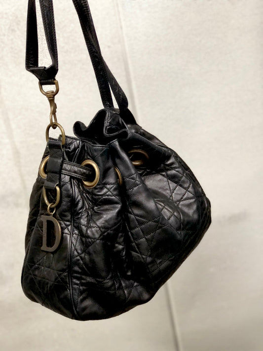 Christian Dior Cannage Lady dior D Charm Drawstring Shoulder bag  Black Vintage Old eh247e