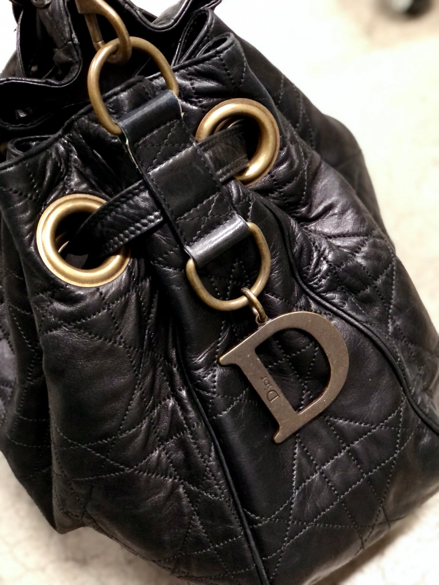 Christian Dior Cannage Lady dior D Charm Drawstring Shoulder bag  Black Vintage Old eh247e