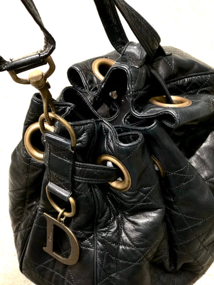 Christian Dior Cannage Lady dior D Charm Drawstring Shoulder bag  Black Vintage Old eh247e