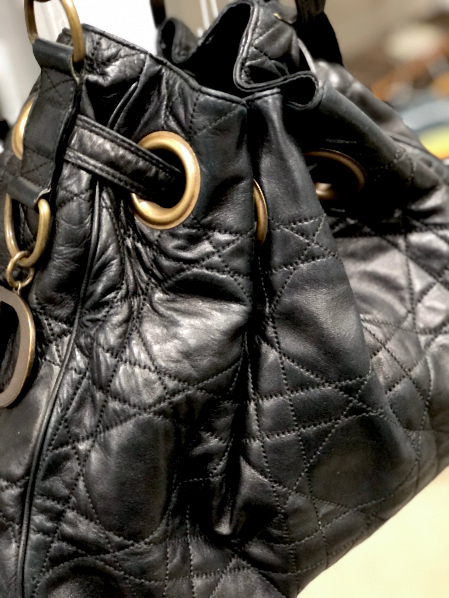 Christian Dior Cannage Lady dior D Charm Drawstring Shoulder bag  Black Vintage Old eh247e