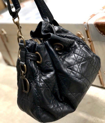 Christian Dior Cannage Lady dior D Charm Drawstring Shoulder bag  Black Vintage Old eh247e