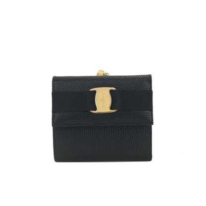 Salvatore Ferragamo Vala ribbon Lizard Mini Wallet Coin purse Black Vintage Old 2ufehp