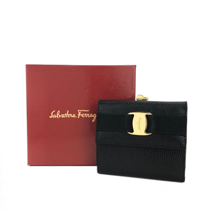 Salvatore Ferragamo Vala ribbon Lizard Mini Wallet Coin purse Black Vintage Old 2ufehp