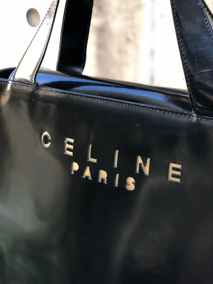 CELINE 鏤空標誌漆皮手提包黑色復古舊款 Celine yie8jb