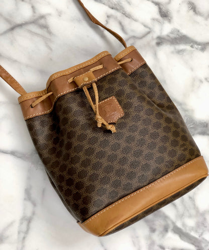 CELINE Macadam Blason Embossed Drawstring Shoulder bag Brown Vintage Old Celine dwhxbw