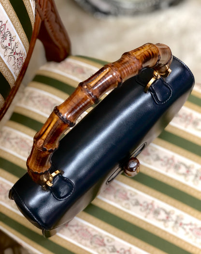 GUCCI Bamboo handle Turn lock Handbag Black Vintage Old GUCCI 5f244y