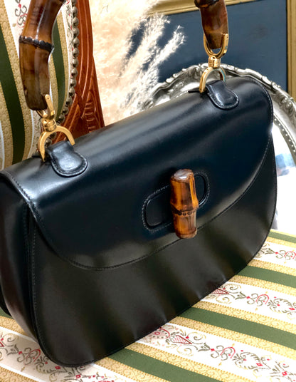 GUCCI Bamboo handle Turn lock Handbag Black Vintage Old GUCCI 5f244y
