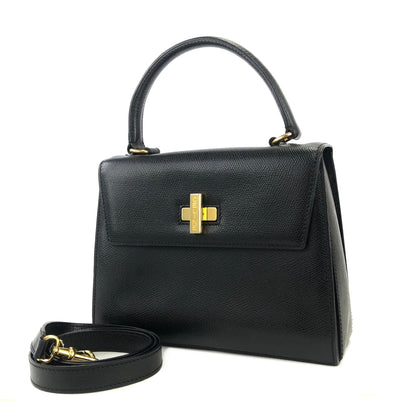CELINE Turn lock Logo Leather Handbag Shoulder bag Black Vintage Old Celine 8edjtg