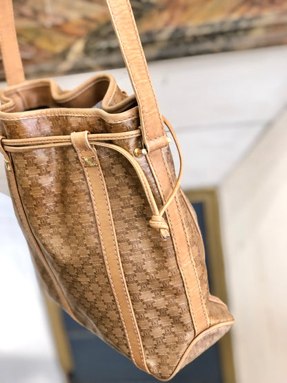 CELINE Macadam Blason Drawstring Shoulder bag Beige Vintage Old Celine kfibb7