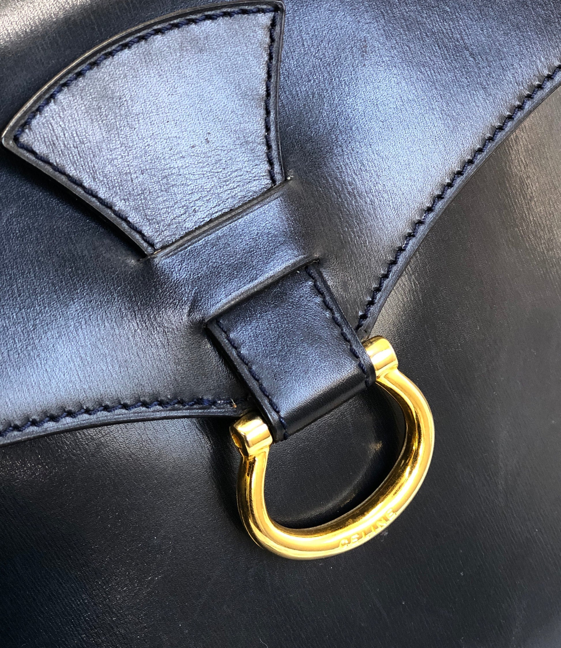 CELINE Vintage Logo Shoulder Bag Black Gold Leather Magnetic Rank AB