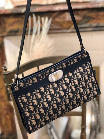 Christian Dior Trotter Oblique 提花肩背包 手袋 海軍藍 復古 舊款 83hjfi